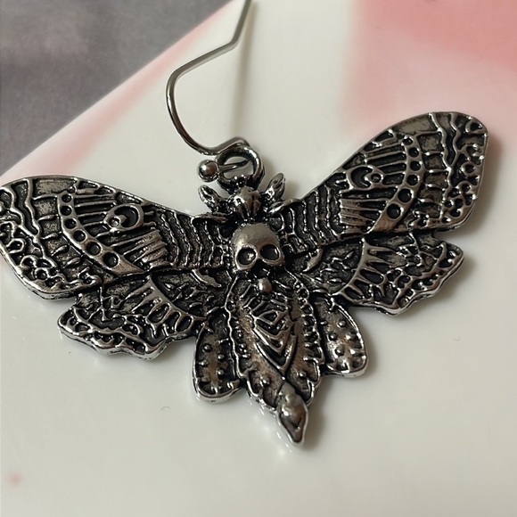 Silver Skull Moth Drop Earrings - Picture 14 of 15